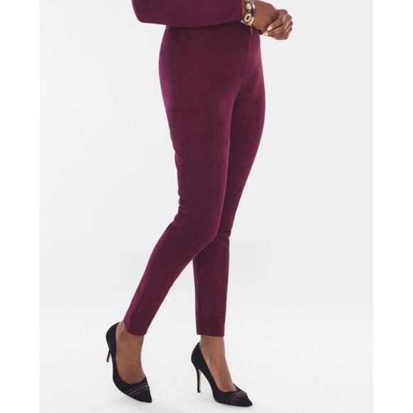 Chicos Faux Suede Knit Pants Womens 2 US 12 Red Wine Pull On High Rise Slim - Picture 1 of 7